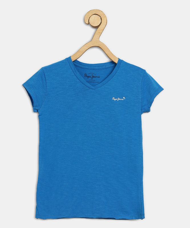 Girls Solid Pure Cotton T Shirt  (Blue, Pack of 1)