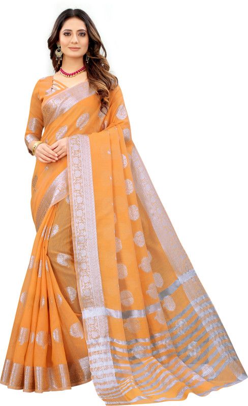 Woven Bollywood Linen Saree  (Orange)