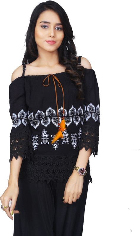 Casual Cold Shoulder Sleeves Printed Women Black Top