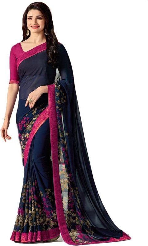 Printed Daily Wear Georgette Saree  (Dark Blue, Pink)