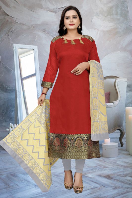 Women Woven Design Silk Blend A-line Kurta  (Red, Gold)