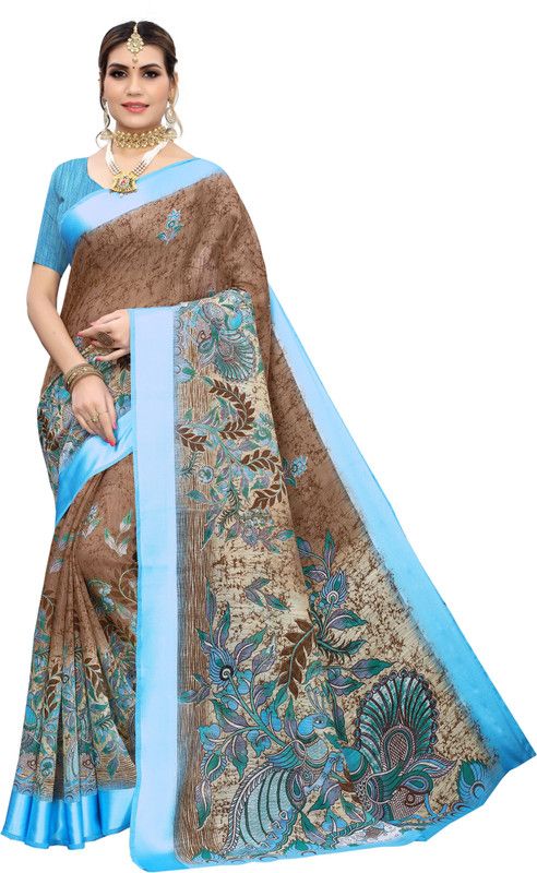 Printed Daily Wear Cotton Linen Saree  (Brown)