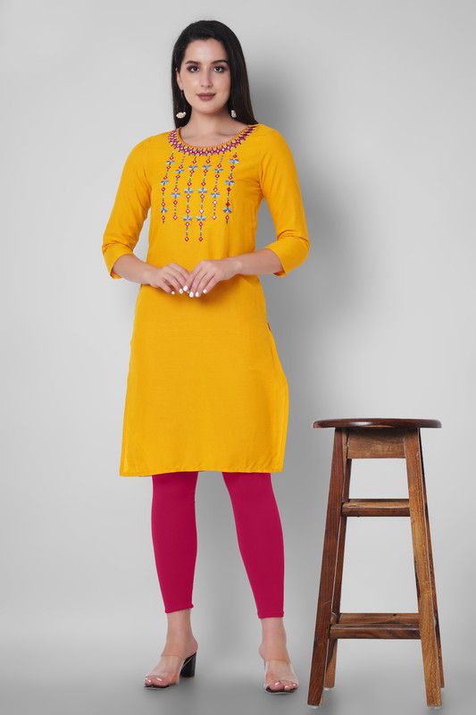 Women Embroidered Cotton Rayon A-line Kurta  (Yellow)
