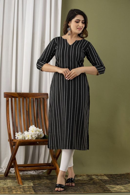 Women Printed, Woven Design Cotton Blend Straight Kurta  (Black)