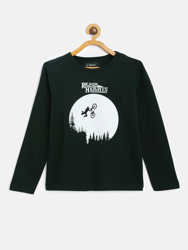 Boys Graphic Print Pure Cotton T Shirt  (Dark Green, Pack of 1)