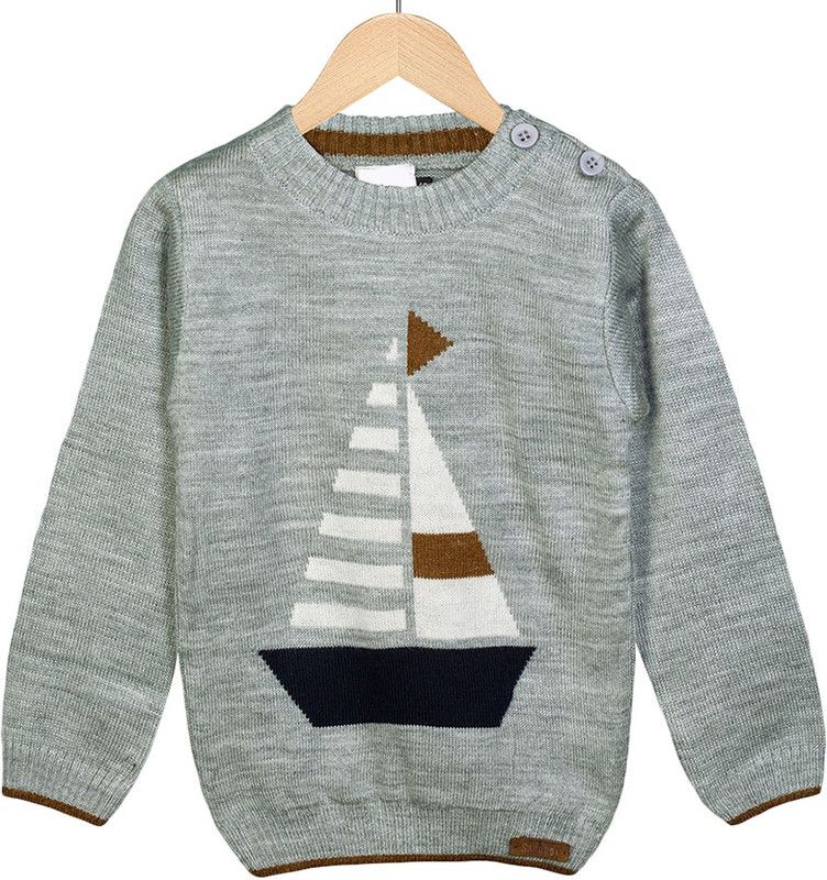 Boys Printed Round Neck Grey Sweater