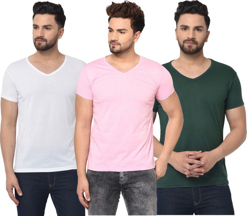Pack of 3 Men Solid V Neck Cotton Blend Dark Green, White, Pink T-Shirt