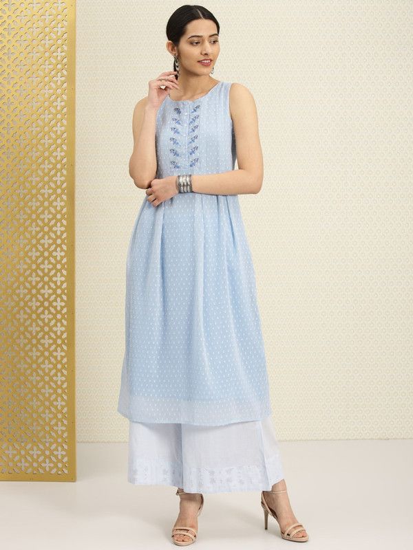 Women Self Design Cotton Blend A-line Kurta  (Blue)