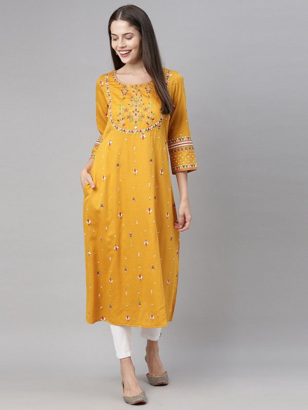 Women Floral Print Pure Cotton Flared Kurta  (Yellow)