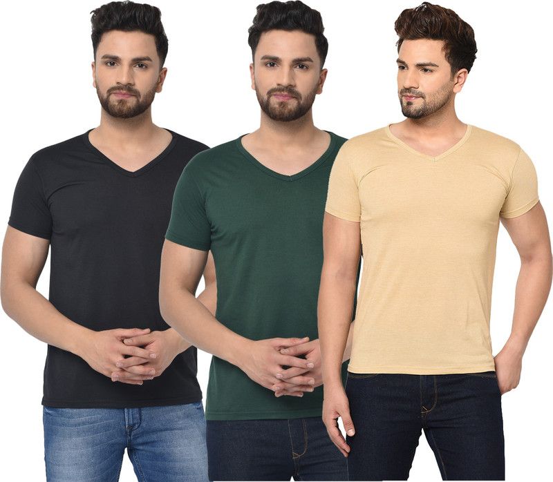Pack of 3 Men Solid V Neck Cotton Blend Dark Green, Black, Beige T-Shirt