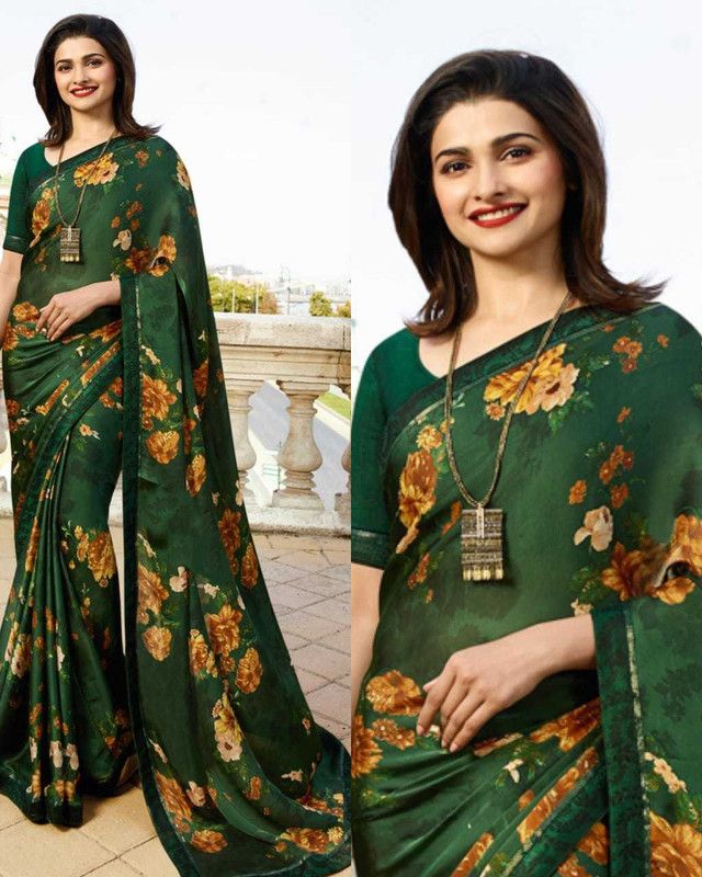 Printed, Solid Bollywood Georgette Saree  (Brown)
