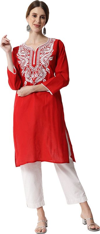 Women Chikan Embroidery, Embroidered Cotton Blend Straight Kurta  (Red)