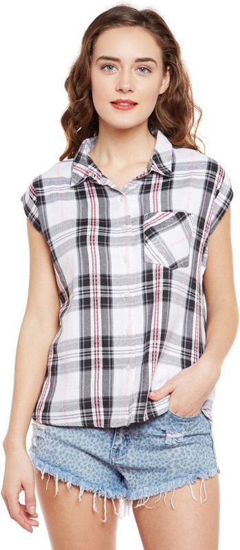 Casual Cap Sleeves Checkered Women White Top