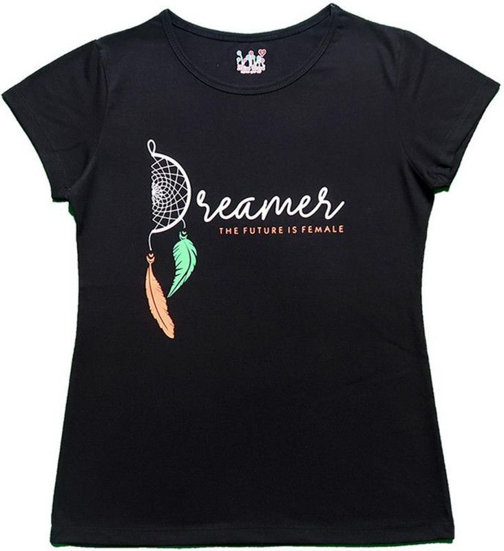 Women Printed Round Neck Poly Cotton Black T-Shirt