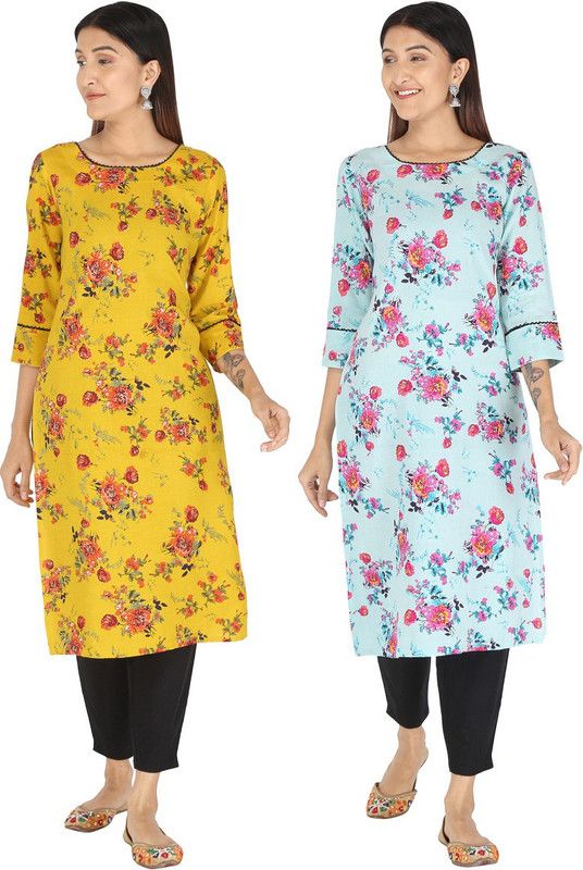 Pack of 2 Women Floral Print Viscose Rayon Straight Kurta  (Blue, Yellow)