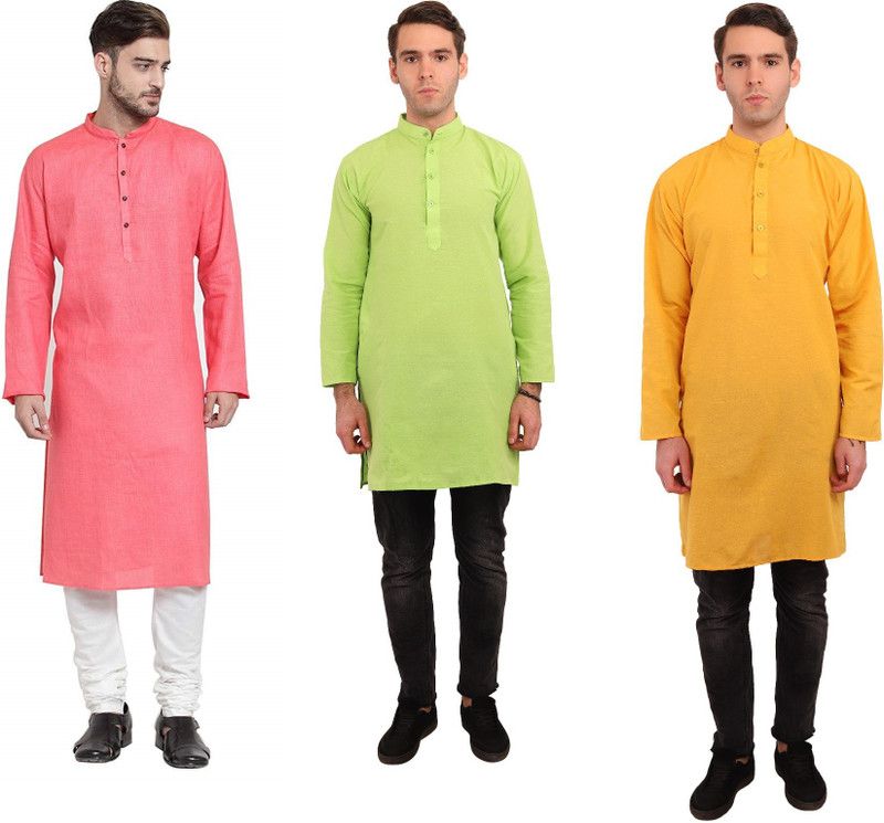 Pack of 3 Men Self Design Cotton Blend Straight Kurta  (Green, Pink, Yellow)