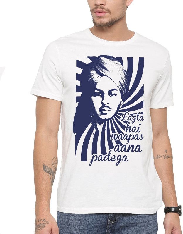 Bhagat Singh, Lagta Hai Wapas Aana Padega Men Printed Round Neck Poly Cotton White, Blue T-Shirt