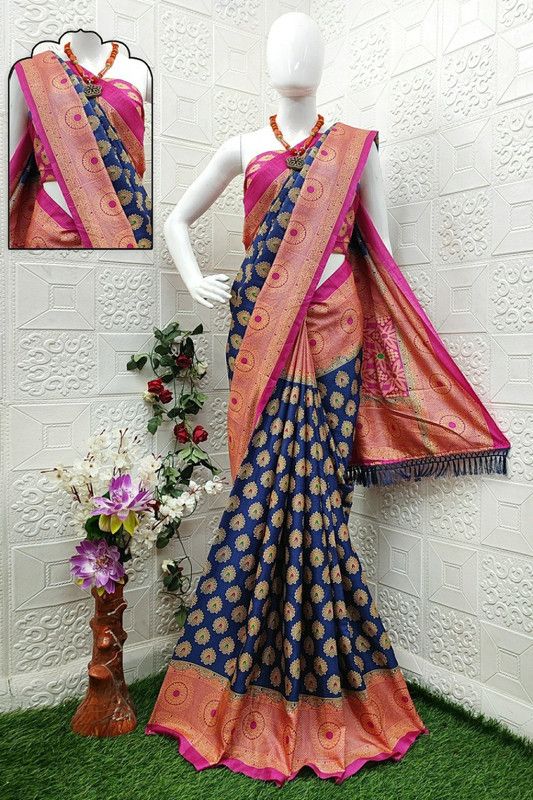 Woven Kalamkari Cotton Silk Saree  (Blue)