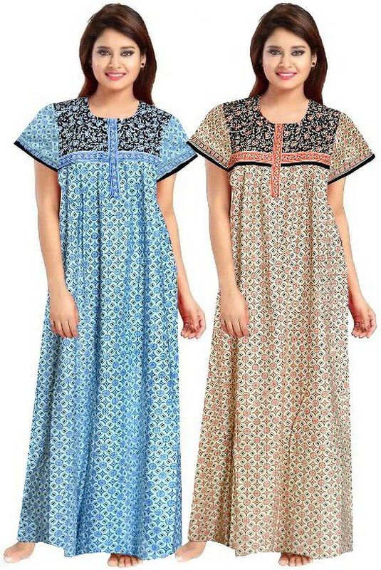 Pack of 2 Women Nighty Set  (Blue, Beige)