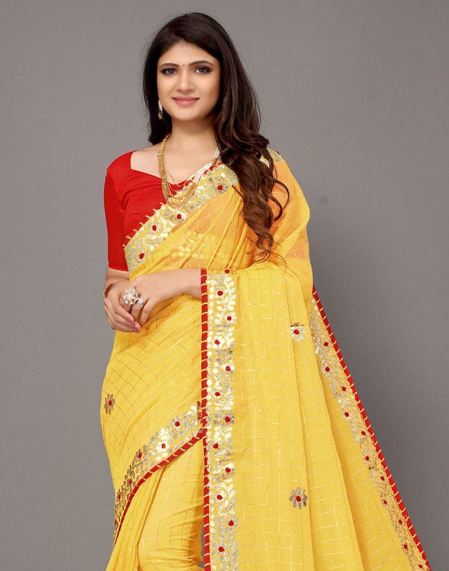 Embroidered, Embellished, Checkered Bhagalpuri Pure Cotton Saree  (Gold, Yellow)