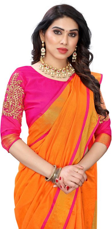 Woven Chanderi Art Silk Saree  (Orange)