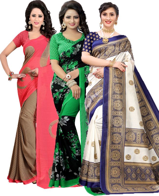Printed Daily Wear Georgette Saree  (Pack of 3, Red, Green, Blue)