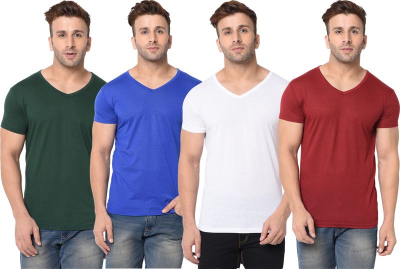 Pack of 4 Men Solid V Neck Cotton Blend Dark Blue, Dark Green, White, Maroon T-Shirt