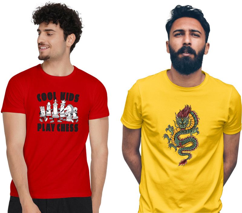 Pack of 2 Men's T-Shirt Men Cartoon Round Neck Pure Cotton Red, Yellow T-Shirt