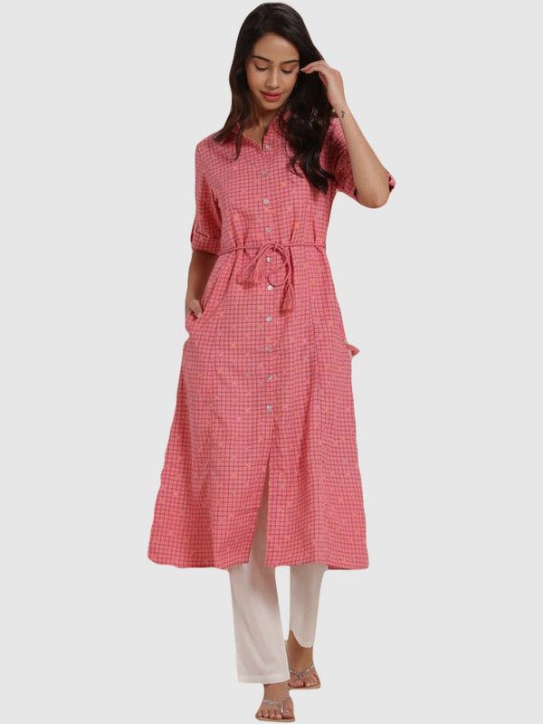 Women Printed, Checkered Viscose Rayon A-line Kurta  (Pink)