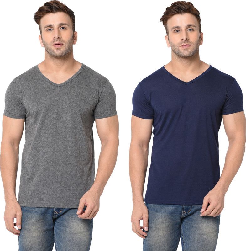 Pack of 2 Men Solid V Neck Cotton Blend Dark Blue, Grey T-Shirt