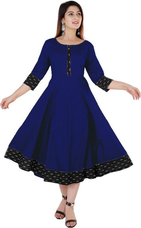 Women Printed, Solid Cotton Blend Anarkali Kurta  (Blue)