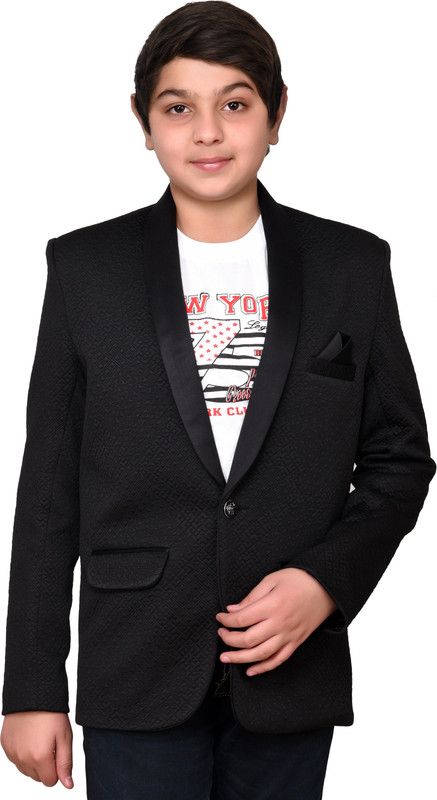 Boys Checkered Single Breasted Party, Wedding Blazer  (Black)