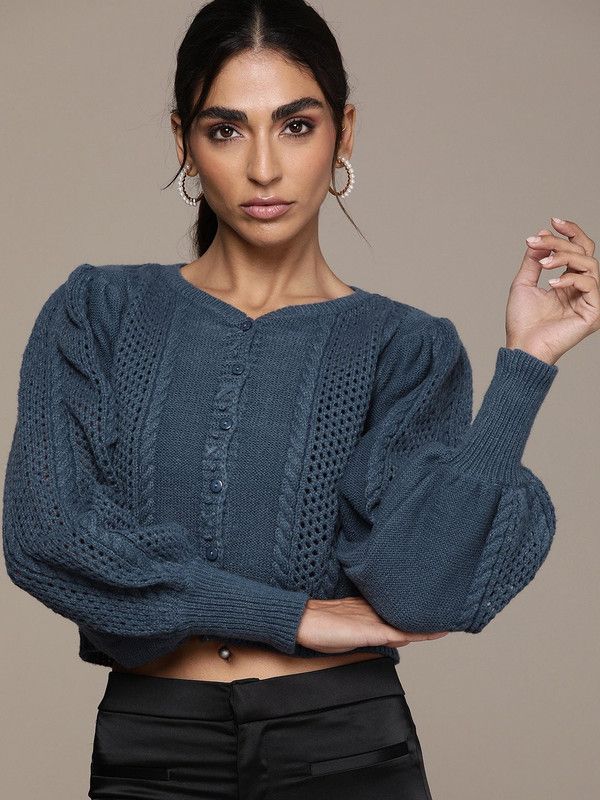 Women Self Design V Neck Dark Blue Sweater