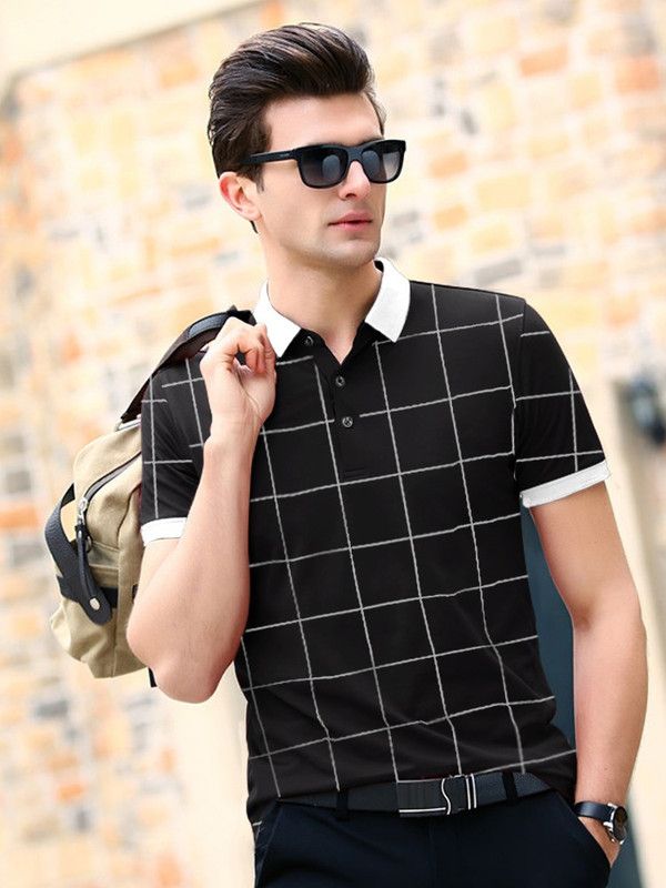 Men Checkered Polo Neck Cotton Blend Black T-Shirt