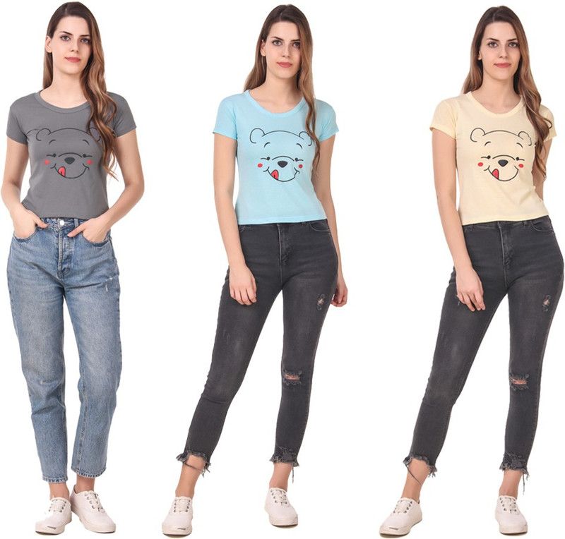 Pack of 3 Women Printed Round Neck Cotton Blend Light Blue, Grey, Beige T-Shirt