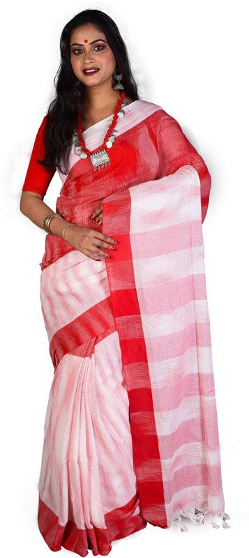 Woven Handloom Pure Cotton Saree  (Red)