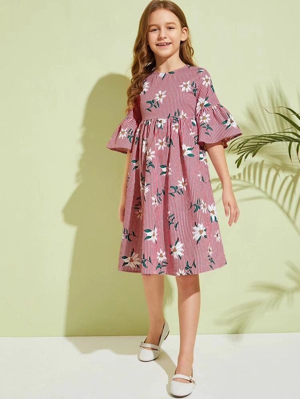 Girls Midi/Knee Length Casual Dress  (Maroon, 3/4 Sleeve)