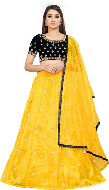 Embroidered Net Semi Stitched Anarkali Gown  (Black, Yellow)