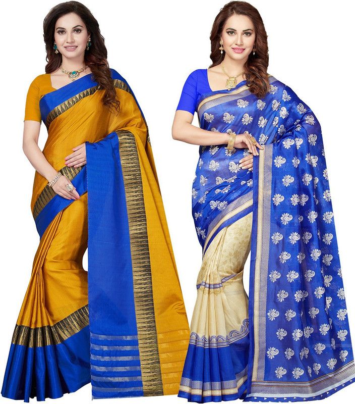 Printed Bollywood Silk Blend Saree  (Pack of 2, Cream, Mustard)