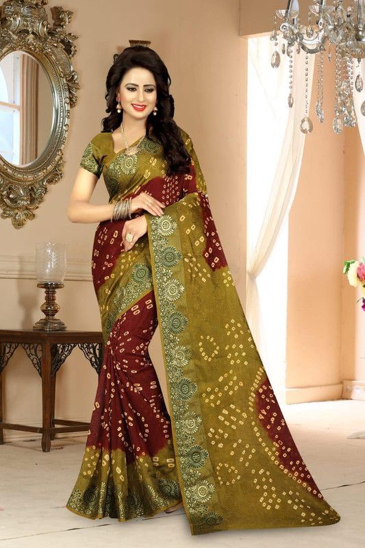 Embellished Bandhani Art Silk Saree  (Green, Brown)