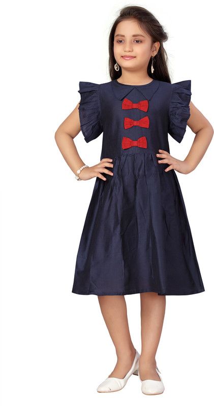 Girls Midi/Knee Length Party Dress  (Dark Blue, Short Sleeve)