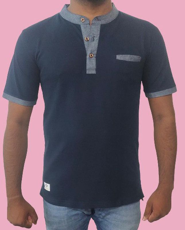 Men Self Design Mandarin Collar Pure Cotton Navy Blue T-Shirt