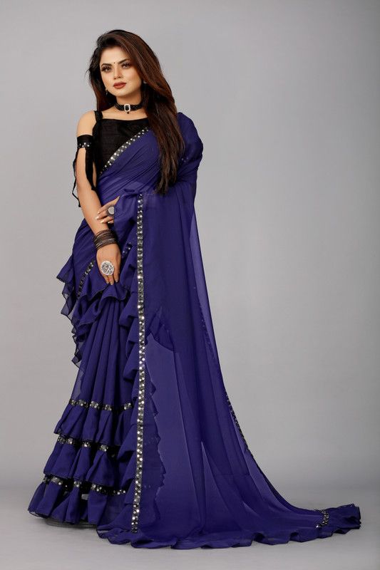 Woven Daily Wear Georgette, Muslin Saree  (Dark Blue)
