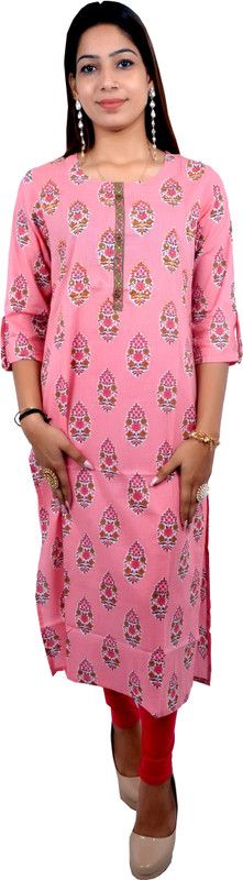Women Embellished, Floral Print Cotton Blend Straight Kurta  (Pink)