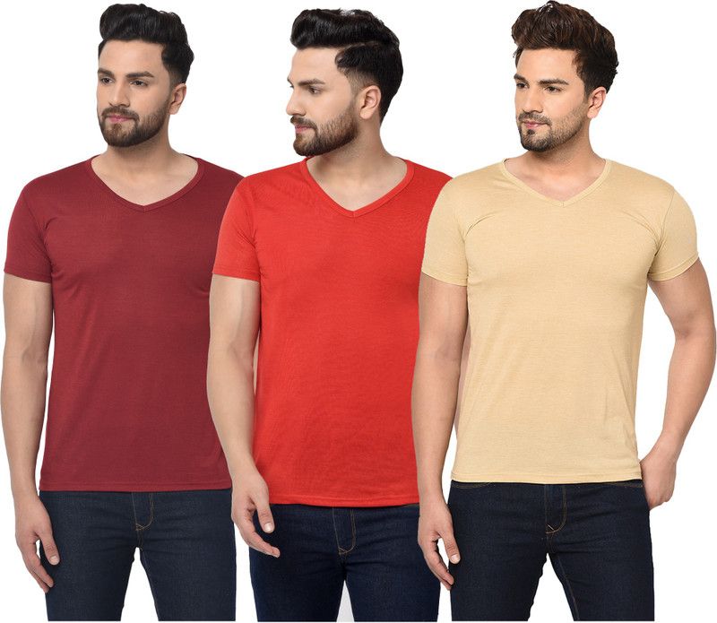 Pack of 3 V Neck T-Shirt Combo of 3 Men Solid V Neck Cotton Blend Red, Maroon, Beige T-Shirt