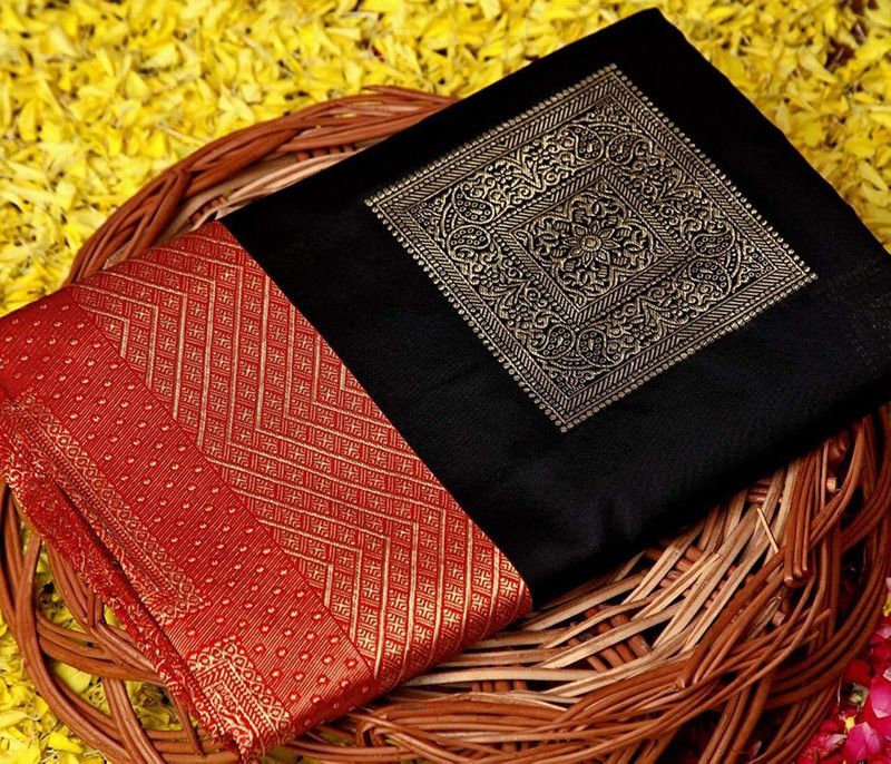 Daily Wear Pure Silk Saree  (Black, Red)