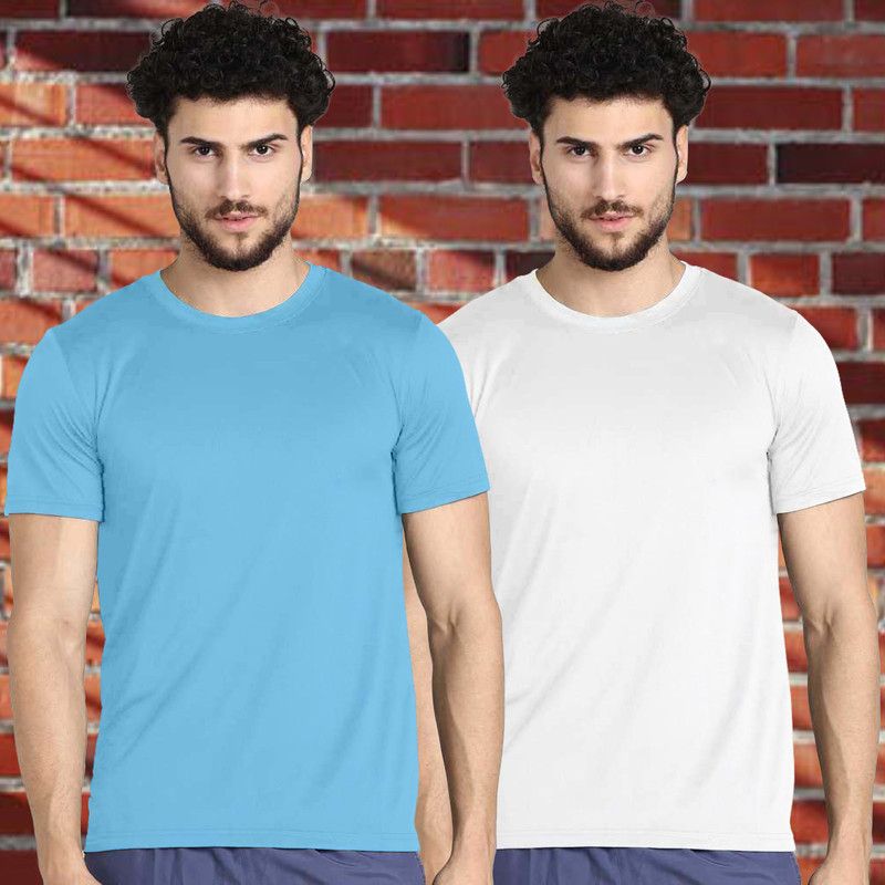 London Hills Men's Polyester Round Neck Sky Blue, White Solid T-Shirt (Pack of 2)
