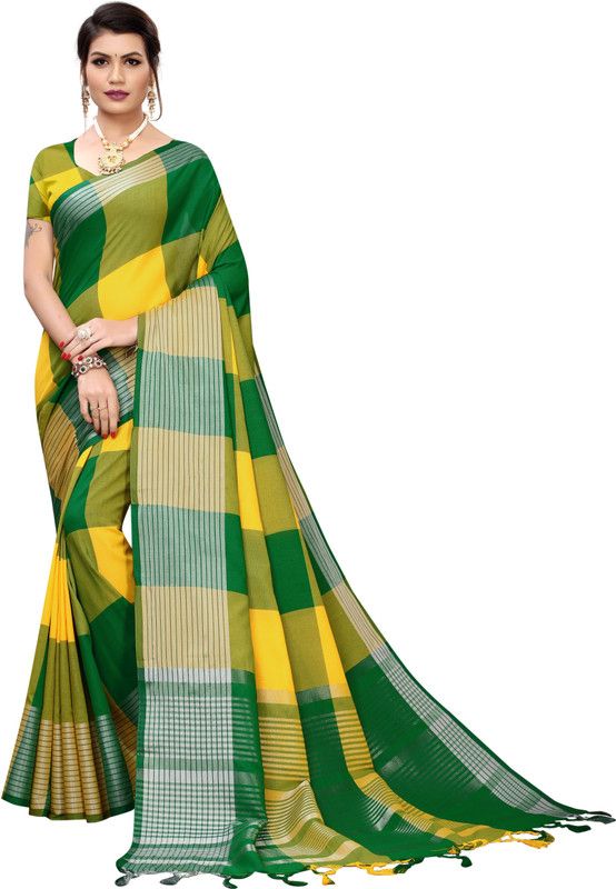 Checkered Fashion Cotton Silk Saree  (Yellow, Green)