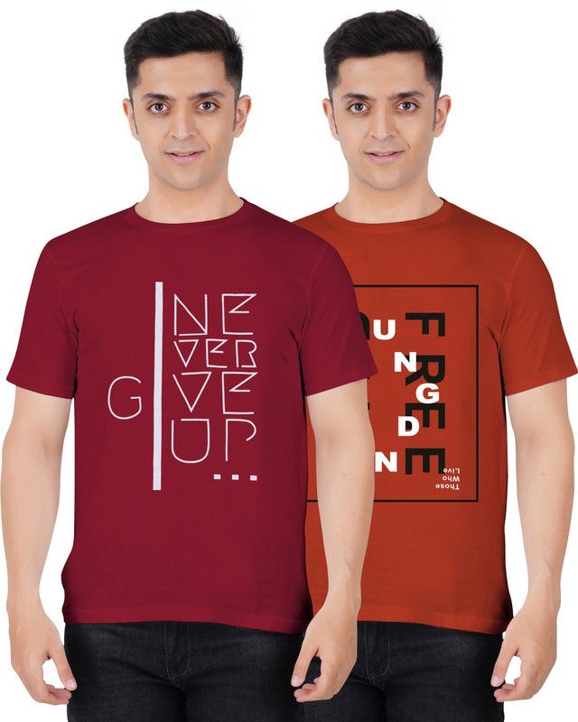 Pack of 2 Vibrant Vesture Typography Men Round Neck Maroon, Brown T-Shirt Men Typography Round Neck Cotton Blend Maroon, Brown T-Shirt