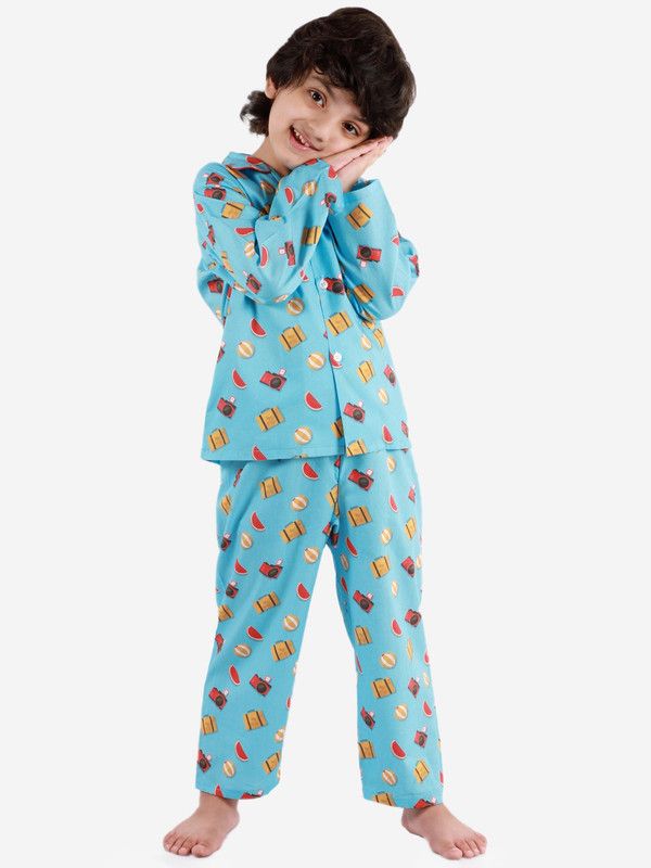 Boys & Girls Printed Cotton Linen Blend Kids Nightwear  (Blue Pack of 1)